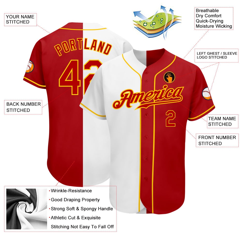 Custom White Red-Gold Authentic Split Fashion Baseball Jersey - Sky-Custom