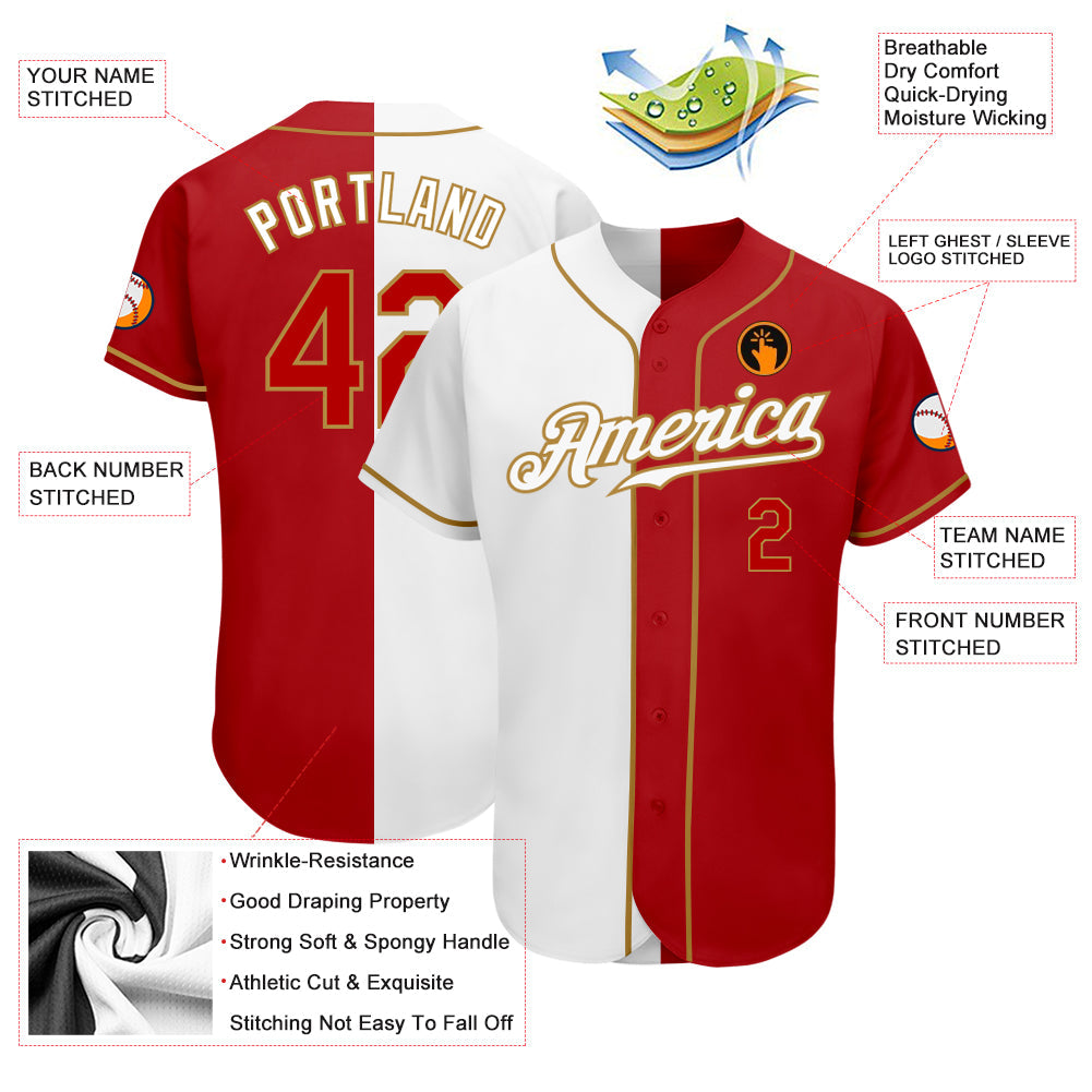 Custom White Red-Old Gold Authentic Split Fashion Baseball Jersey - Sky-Custom