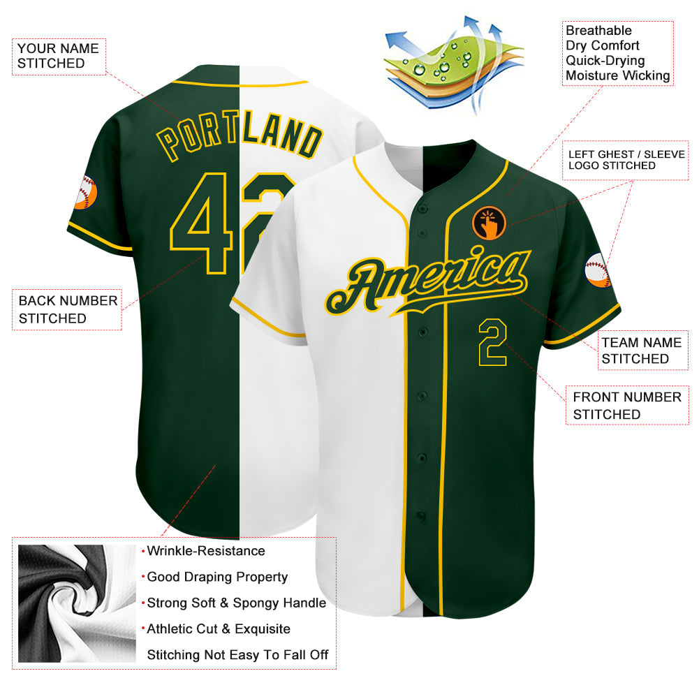 Custom White Green-Gold Authentic Split Fashion Baseball Jersey - Sky-Custom