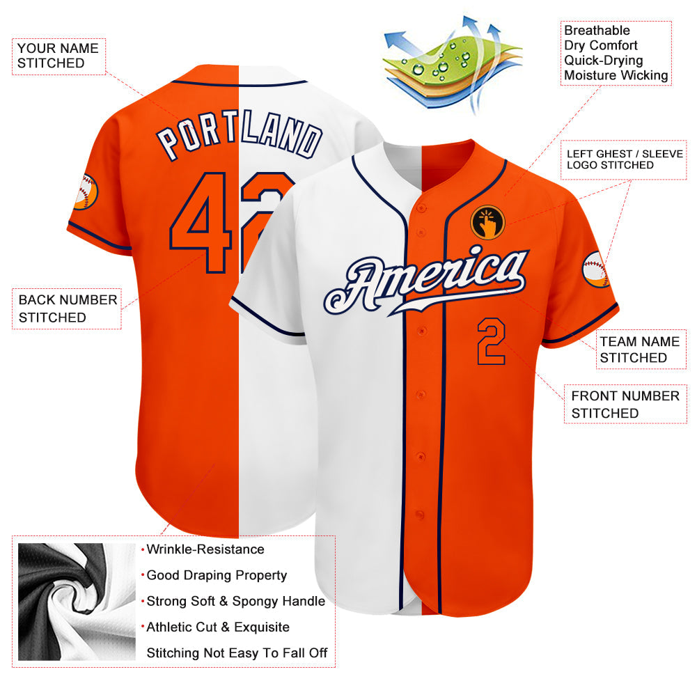 Custom White Orange-Navy Authentic Split Fashion Baseball Jersey - Sky-Custom