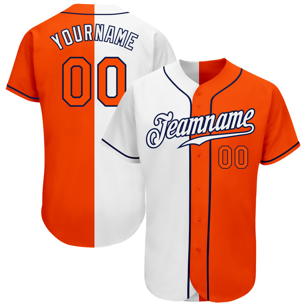 Custom White Orange-Navy Authentic Split Fashion Baseball Jersey - Sky-Custom