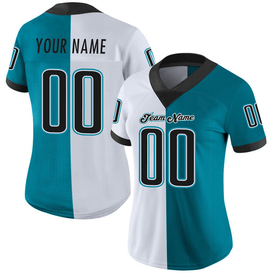 Custom Teal Black-White Mesh Split Fashion Football Jersey - Sky-Custom