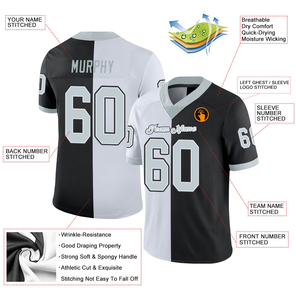 Custom Black Silver-White Mesh Split Fashion Football Jersey - Sky-Custom