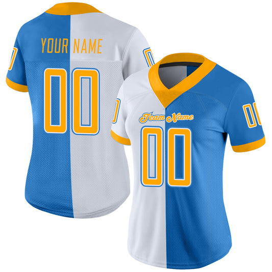 Custom Powder Blue Gold-White Mesh Split Fashion Football Jersey - Sky-Custom