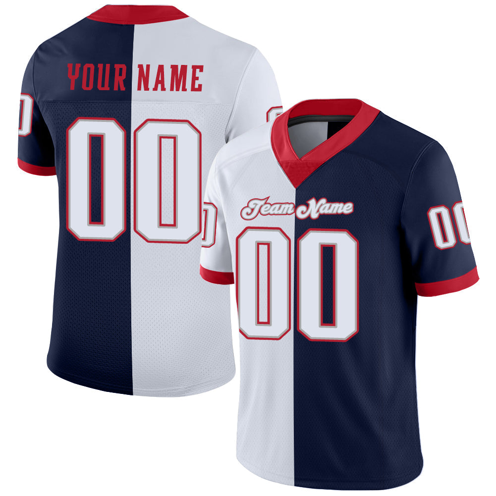 Custom Navy White-Scarlet Mesh Split Fashion Football Jersey - Sky-Custom