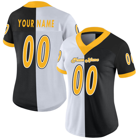 Custom Black Gold-White Mesh Split Fashion Football Jersey - Sky-Custom
