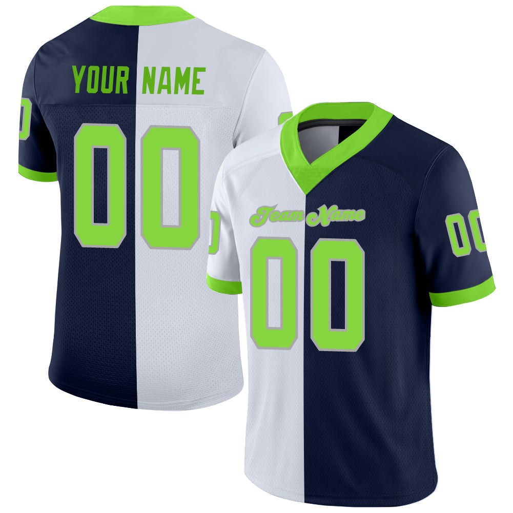 Custom Navy Neon Green-White Mesh Split Fashion Football Jersey - Sky-Custom