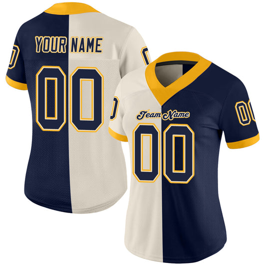 Custom Cream Navy-Gold Mesh Split Fashion Football Jersey - Sky-Custom