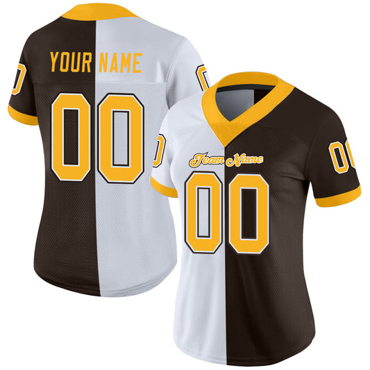 Custom Brown Gold-White Mesh Split Fashion Football Jersey - Sky-Custom