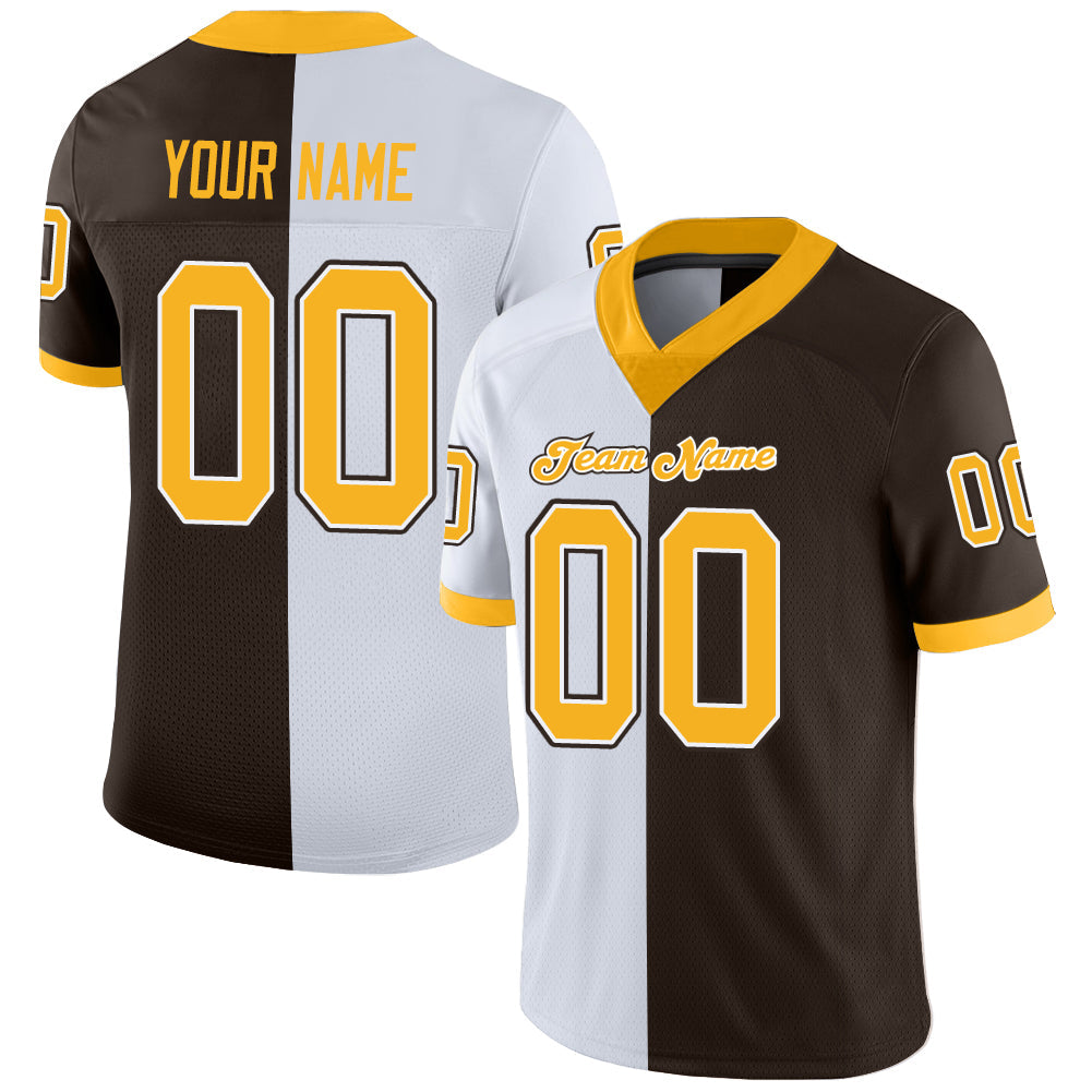 Custom Brown Gold-White Mesh Split Fashion Football Jersey - Sky-Custom