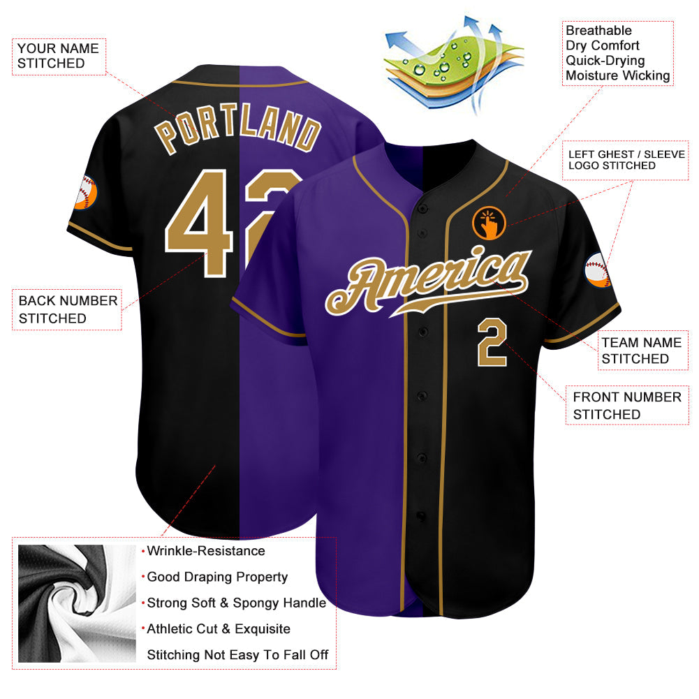 Custom Black Old Gold-Purple Authentic Split Fashion Baseball Jersey - Sky-Custom