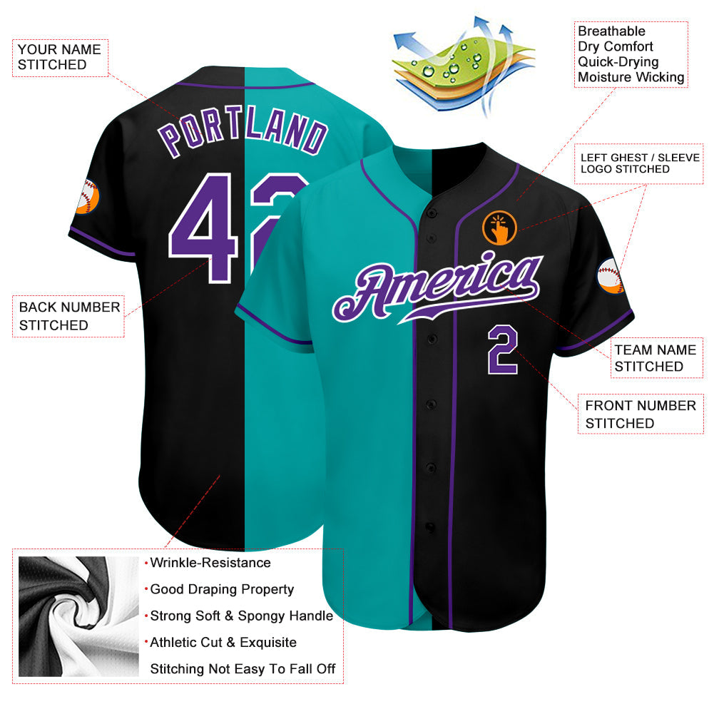 Custom Black Purple-Aqua Authentic Split Fashion Baseball Jersey - Sky-Custom