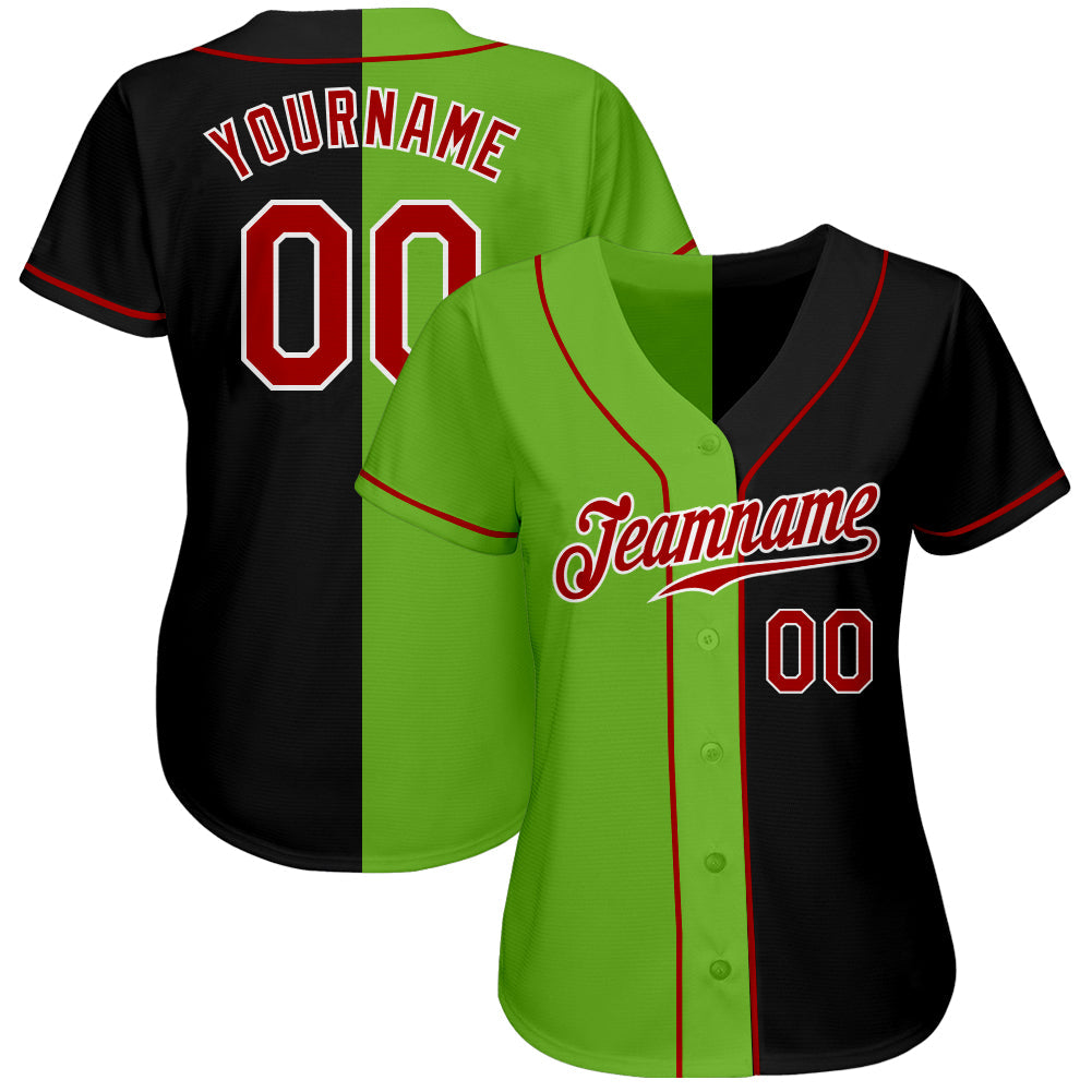 Custom Black Red-Neon Green Authentic Split Fashion Baseball Jersey - Sky-Custom