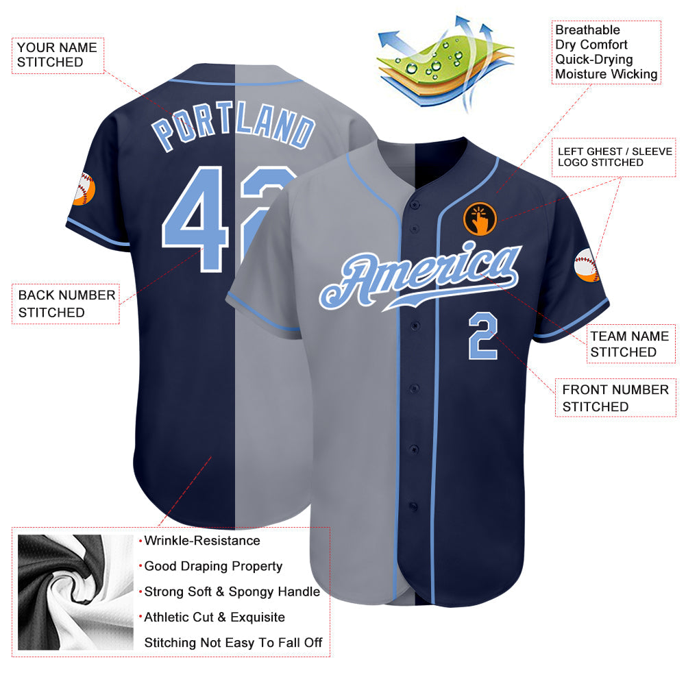 Custom Navy Light Blue-Gray Authentic Split Fashion Baseball Jersey - Sky-Custom