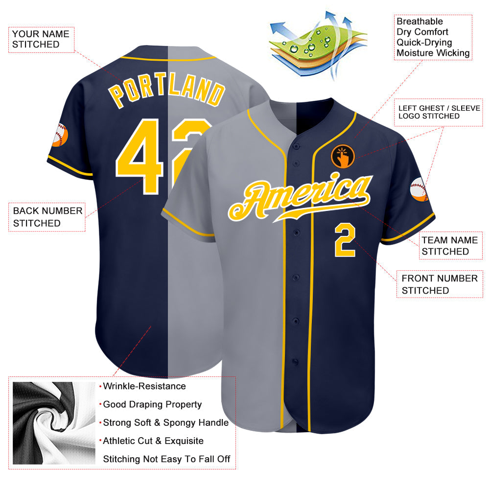 Custom Navy Gold-Gray Authentic Split Fashion Baseball Jersey - Sky-Custom