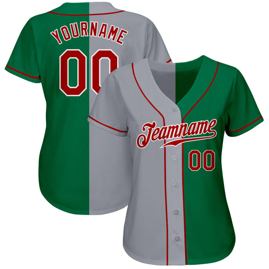Custom Kelly Green Red-Gray Authentic Split Fashion Baseball Jersey - Sky-Custom