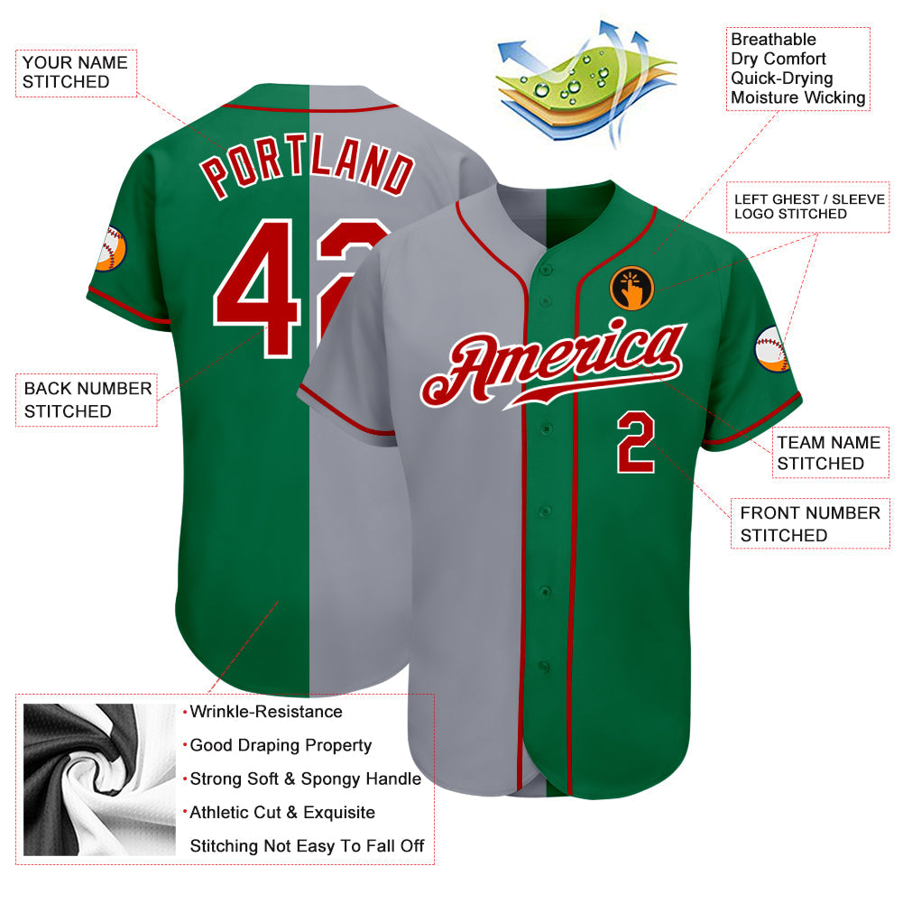 Custom Kelly Green Red-Gray Authentic Split Fashion Baseball Jersey - Sky-Custom