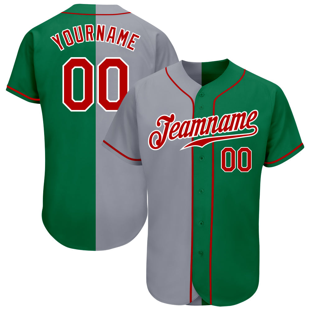 Custom Kelly Green Red-Gray Authentic Split Fashion Baseball Jersey - Sky-Custom