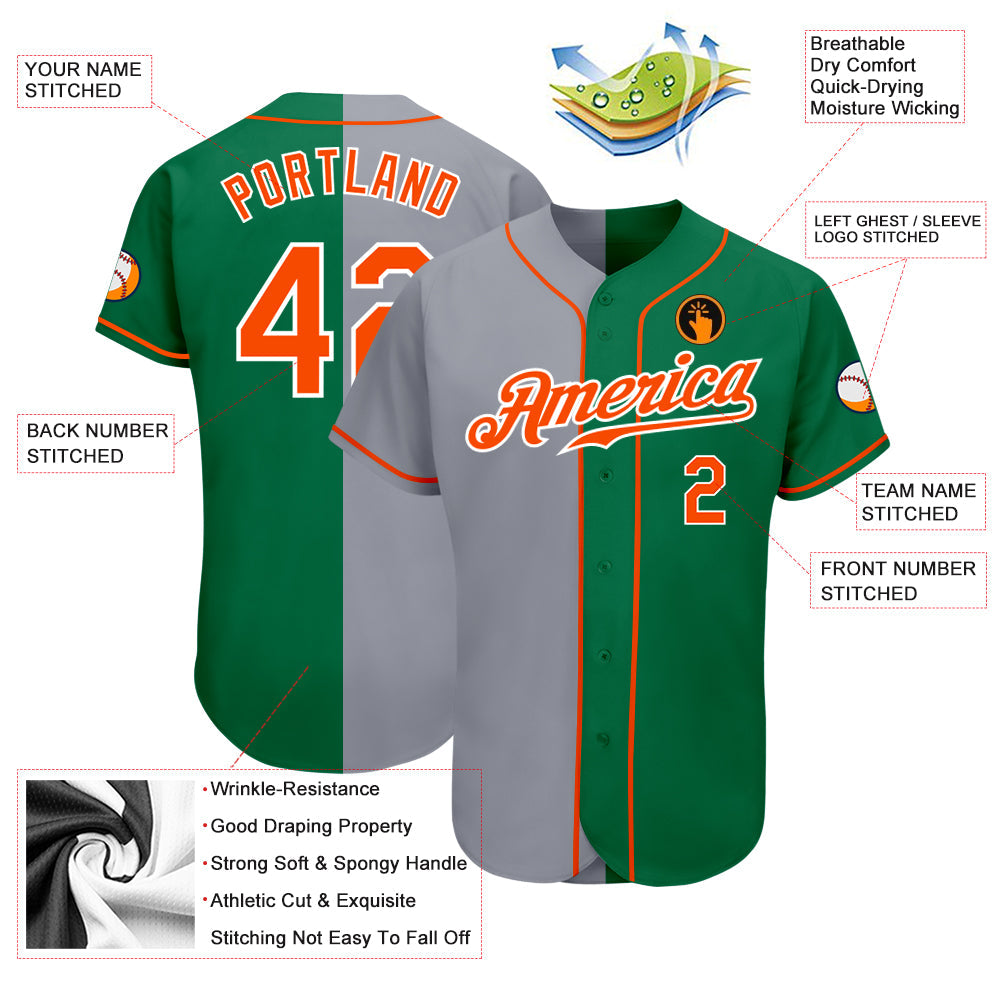 Custom Kelly Green Orange-Gray Authentic Split Fashion Baseball Jersey - Sky-Custom