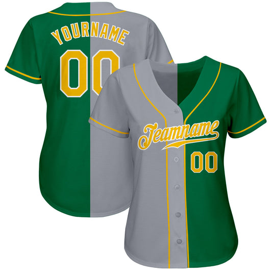 Custom Kelly Green Gold-Gray Authentic Split Fashion Baseball Jersey - Sky-Custom