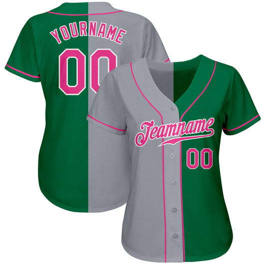 Custom Kelly Green Pink-Gray Authentic Split Fashion Baseball Jersey - Sky-Custom