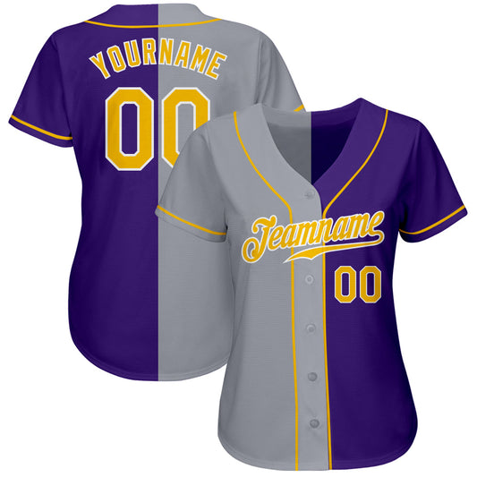Custom Purple Gold-Gray Authentic Split Fashion Baseball Jersey - Sky-Custom