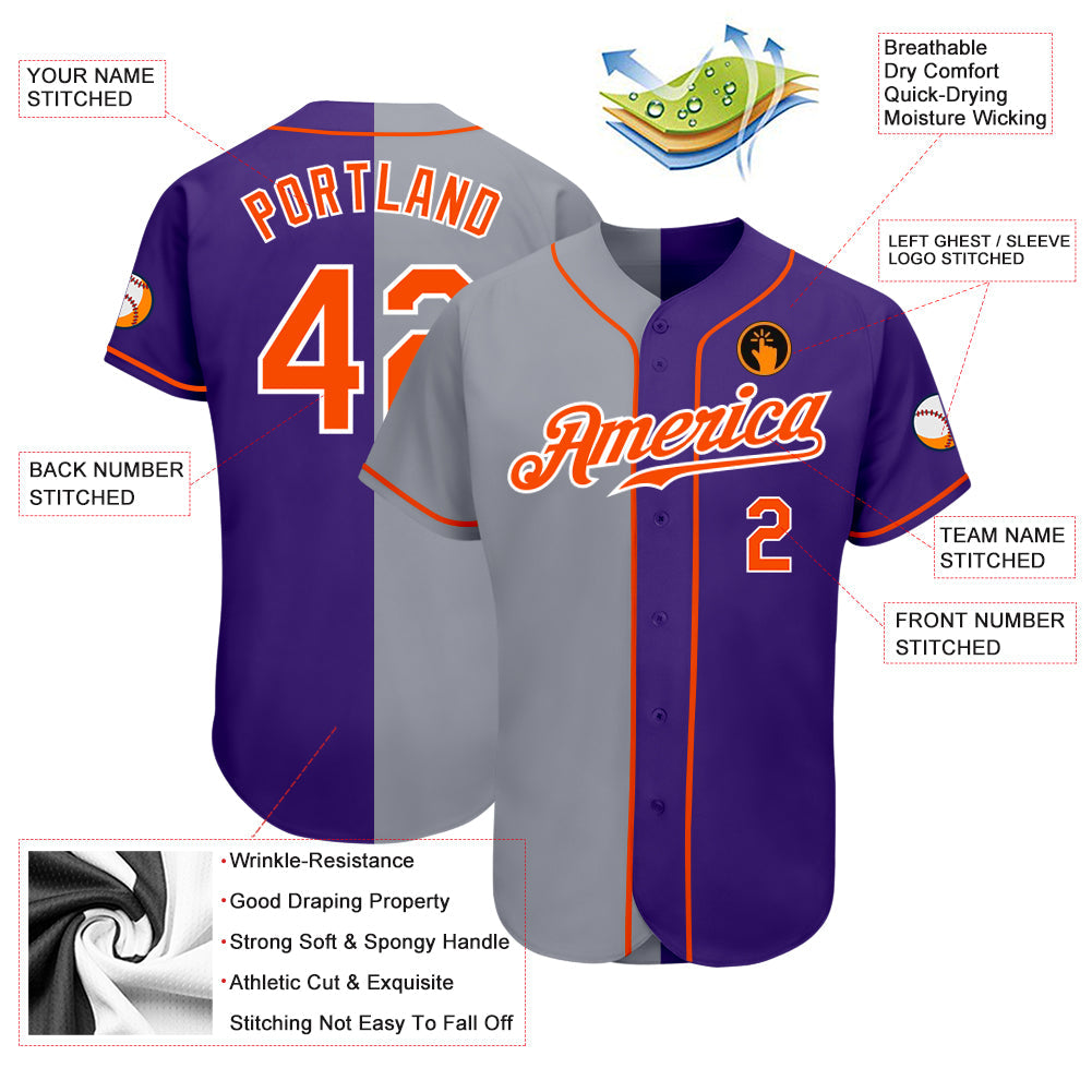 Custom Purple Orange-Gray Authentic Split Fashion Baseball Jersey - Sky-Custom