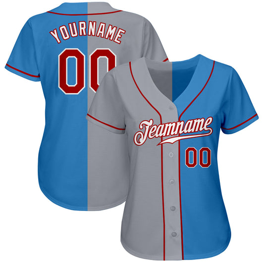 Custom Powder Blue Red-Gray Authentic Split Fashion Baseball Jersey - Sky-Custom