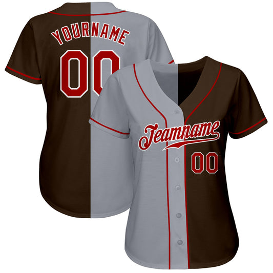 Custom Brown Red-Gray Authentic Split Fashion Baseball Jersey - Sky-Custom