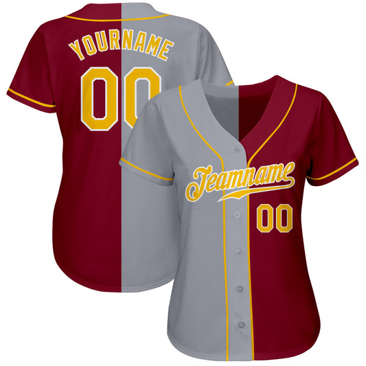 Custom Crimson Gold-Gray Authentic Split Fashion Baseball Jersey - Sky-Custom