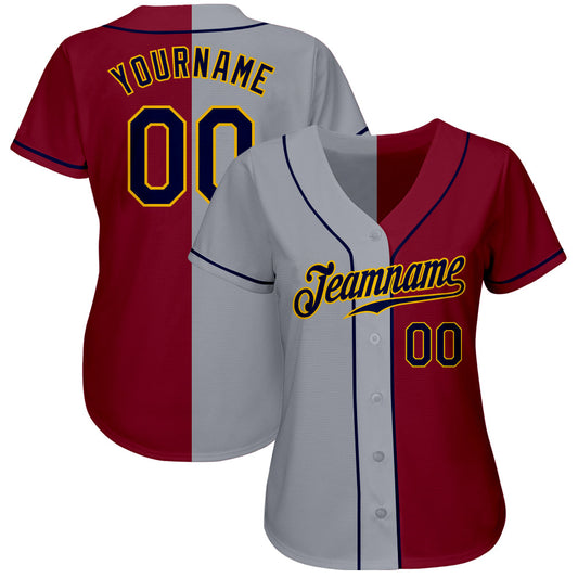Custom Crimson Navy-Gray Authentic Split Fashion Baseball Jersey - Sky-Custom