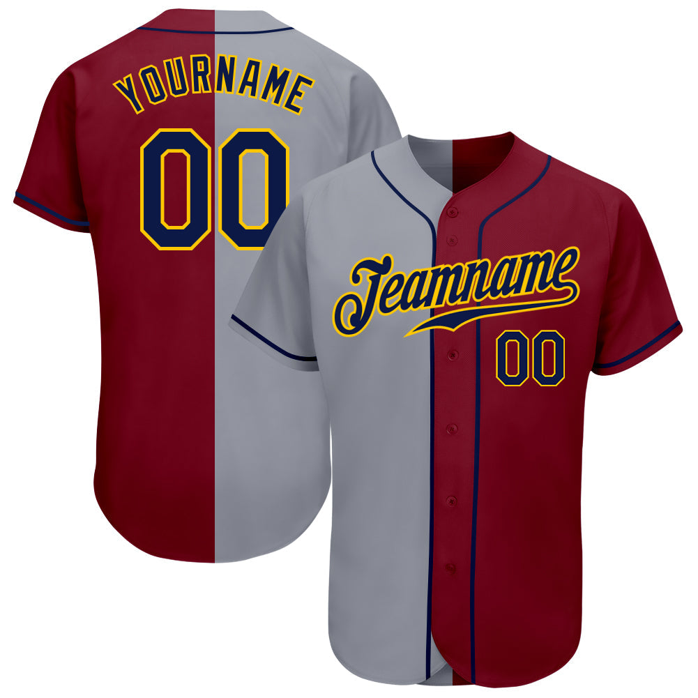 Custom Crimson Navy-Gray Authentic Split Fashion Baseball Jersey - Sky-Custom