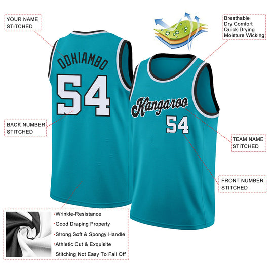 Custom Teal White-Black Round Neck Rib-Knit Basketball Jersey - Sky-Custom