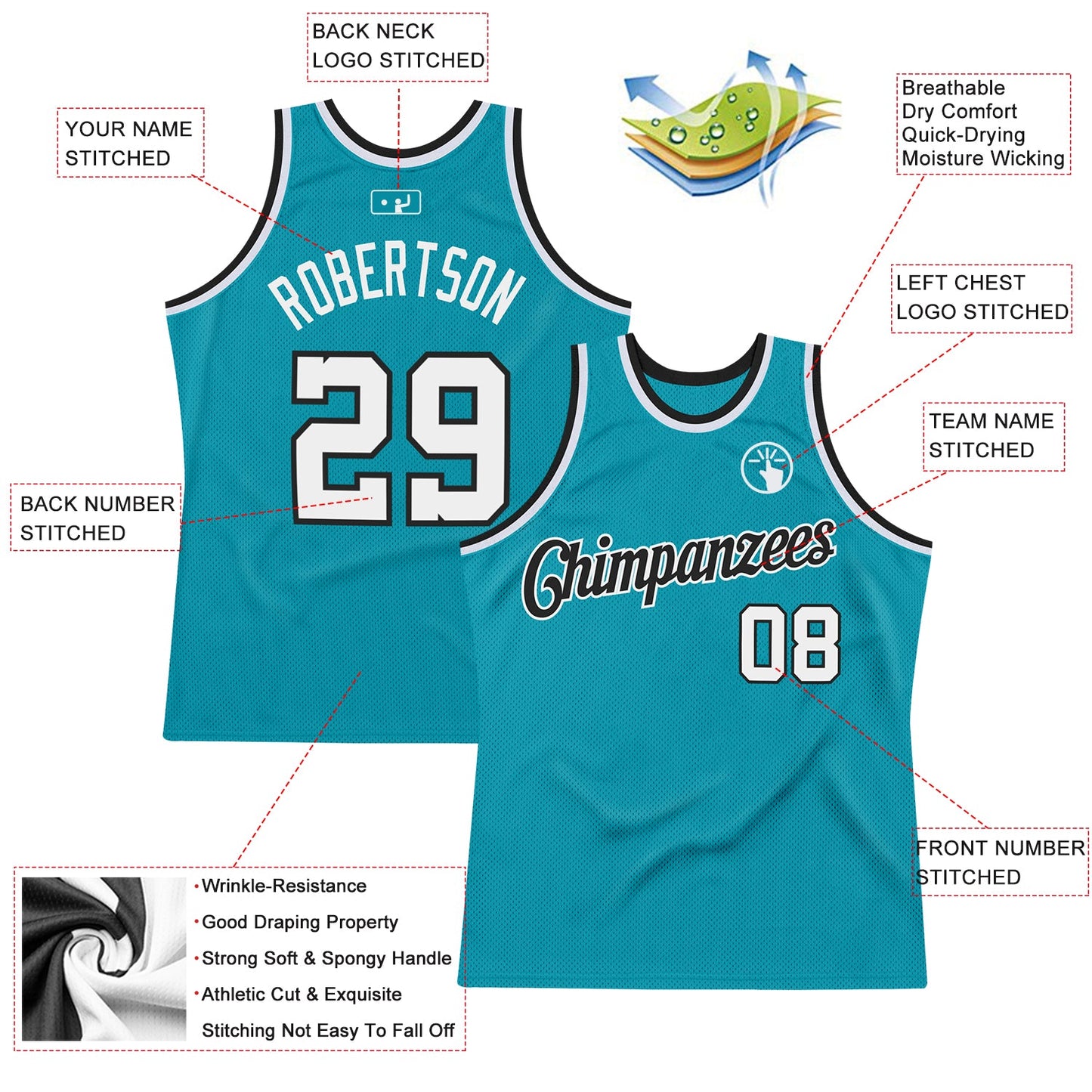 Custom Teal White-Black Authentic Throwback Basketball Jersey - Sky-Custom