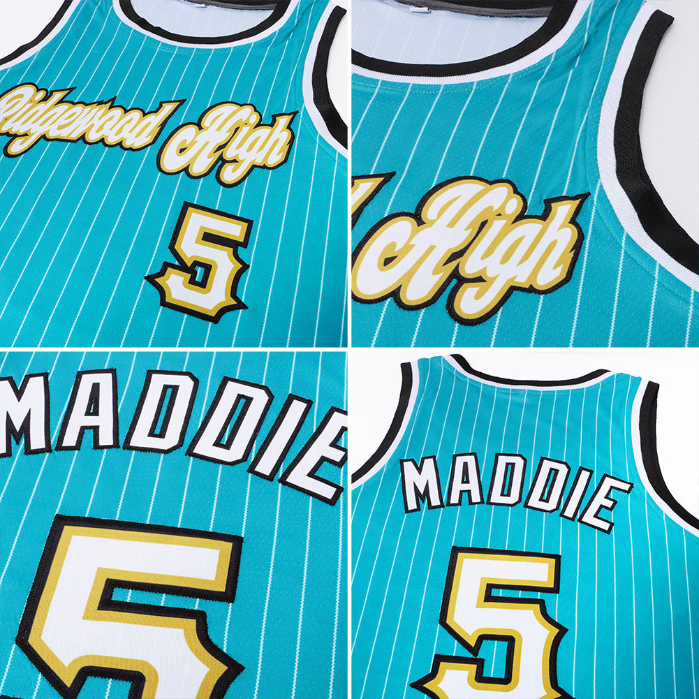 Custom Teal White Pinstripe White-Old Gold Authentic Basketball Jersey - Sky-Custom