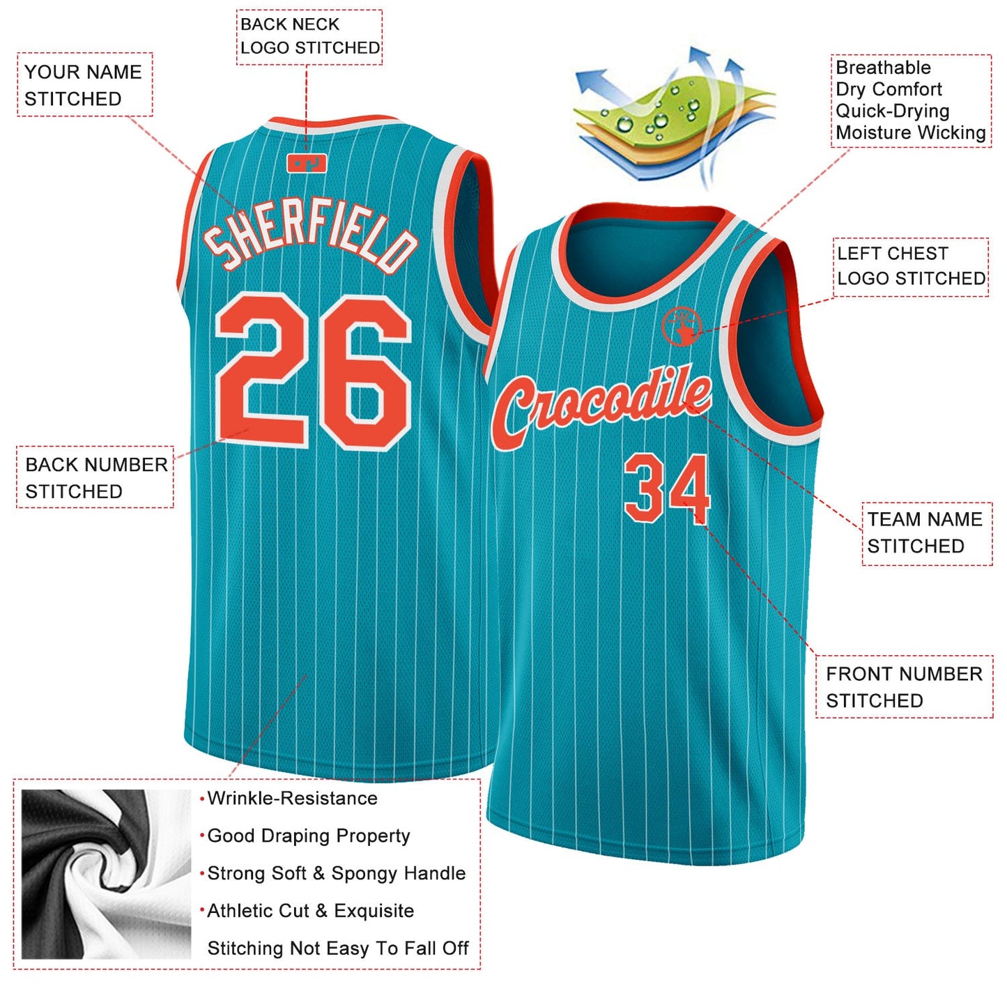 Custom Teal White Pinstripe Orange-White Authentic Basketball Jersey - Sky-Custom
