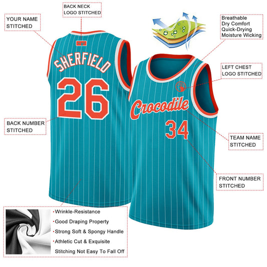 Custom Teal White Pinstripe Orange-White Authentic Basketball Jersey - Sky-Custom
