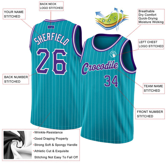 Custom Teal White Pinstripe Purple-White Authentic Basketball Jersey - Sky-Custom