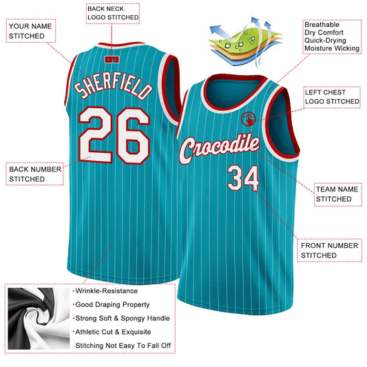 Custom Teal White Pinstripe White-Red Authentic Basketball Jersey - Sky-Custom