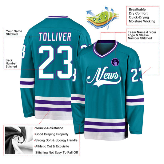 Custom Teal White-Purple Hockey Jersey - Sky-Custom
