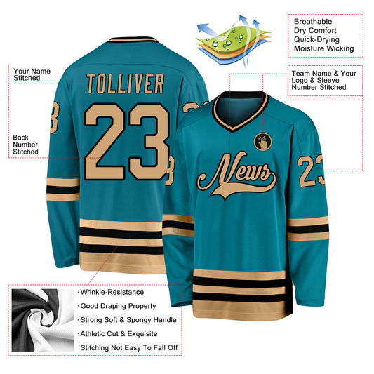 Custom Teal Old Gold-Black Hockey Jersey - Sky-Custom