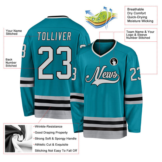 Custom Teal Gray-Black Hockey Jersey - Sky-Custom