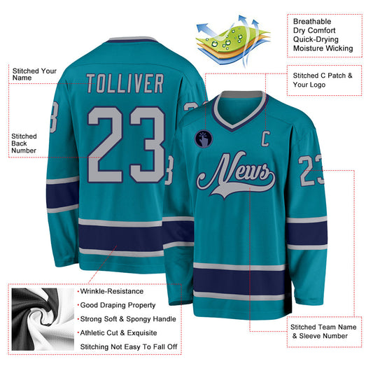 Custom Teal Gray-Navy Hockey Jersey - Sky-Custom