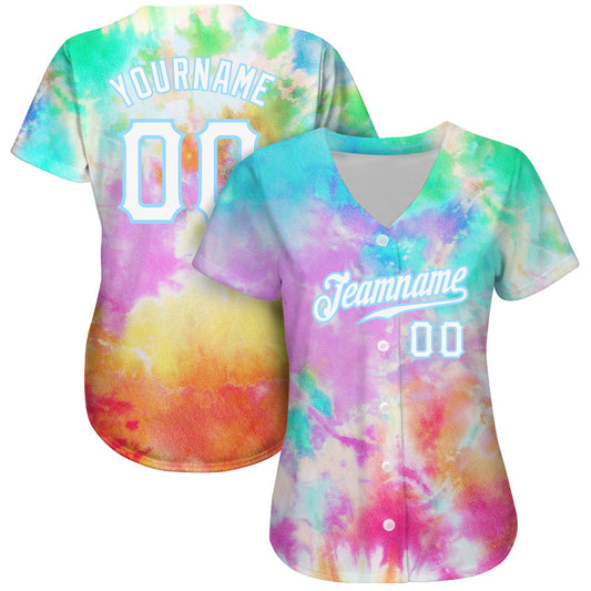 Custom Tie Dye White-Light Blue 3D Rainbow Authentic Baseball Jersey - Sky-Custom