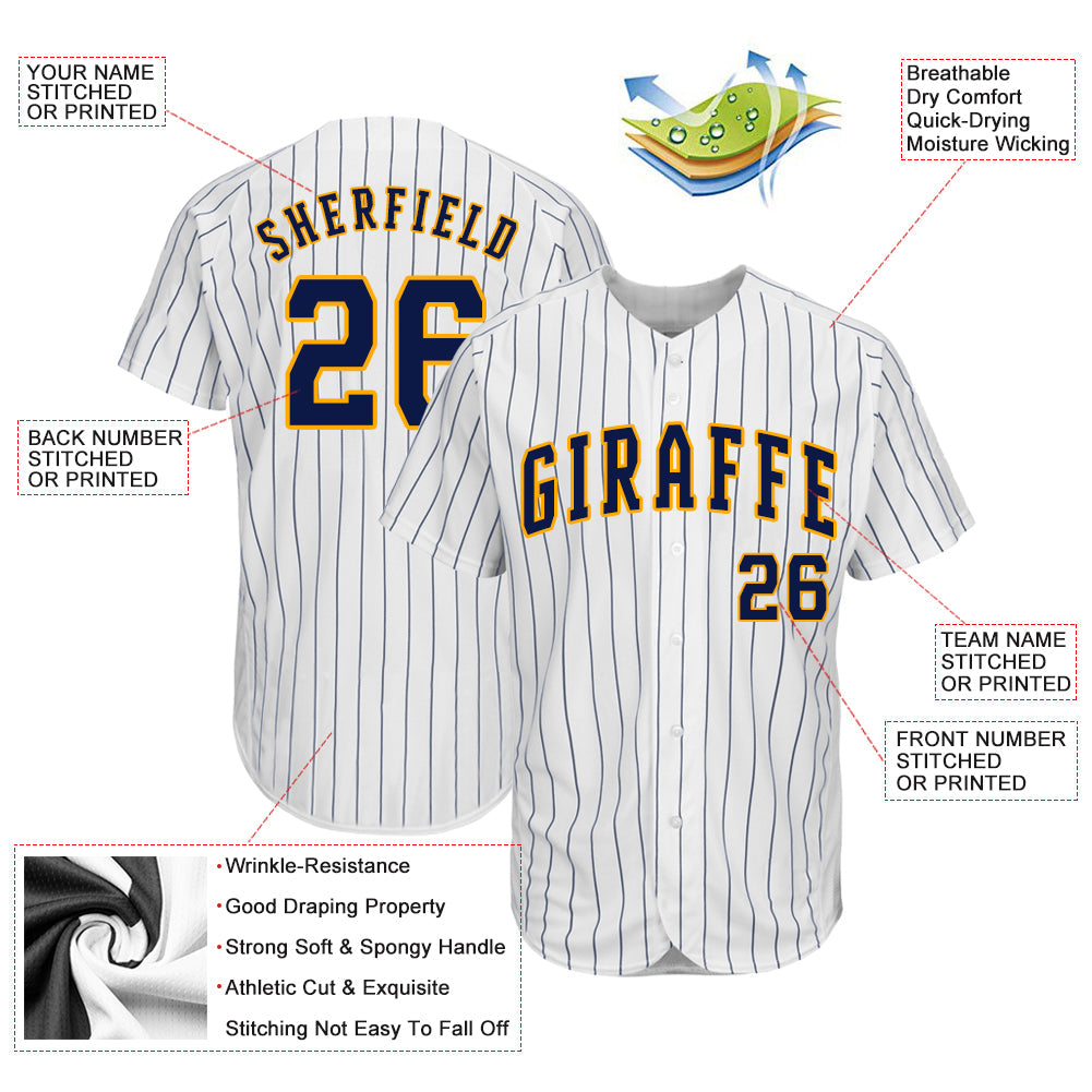 Custom White Navy Pinstripe Navy-Gold Authentic Baseball Jersey - Sky-Custom