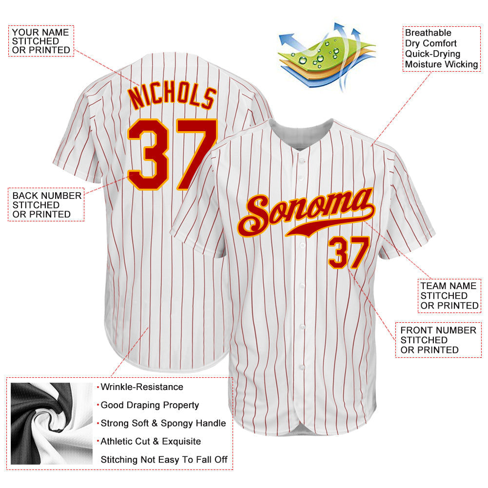 Custom White Red Pinstripe Red-Gold Authentic Baseball Jersey - Sky-Custom