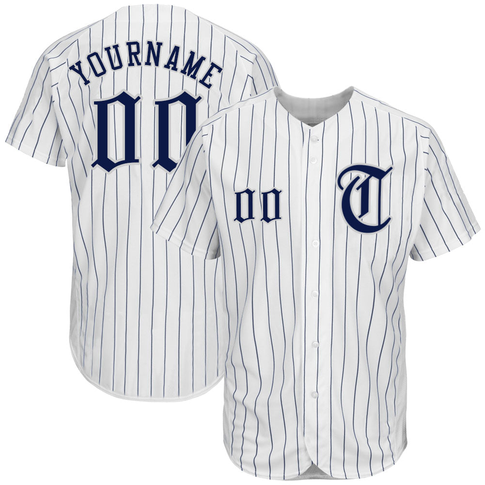 Custom White Navy Pinstripe Navy-Gray Authentic Baseball Jersey - Sky-Custom