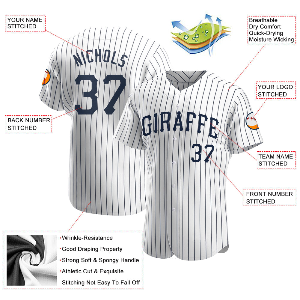 Custom White Navy Pinstripe Navy Authentic Baseball Jersey - Sky-Custom