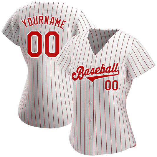 Custom White Red Pinstripe Red-White Authentic Baseball Jersey - Sky-Custom