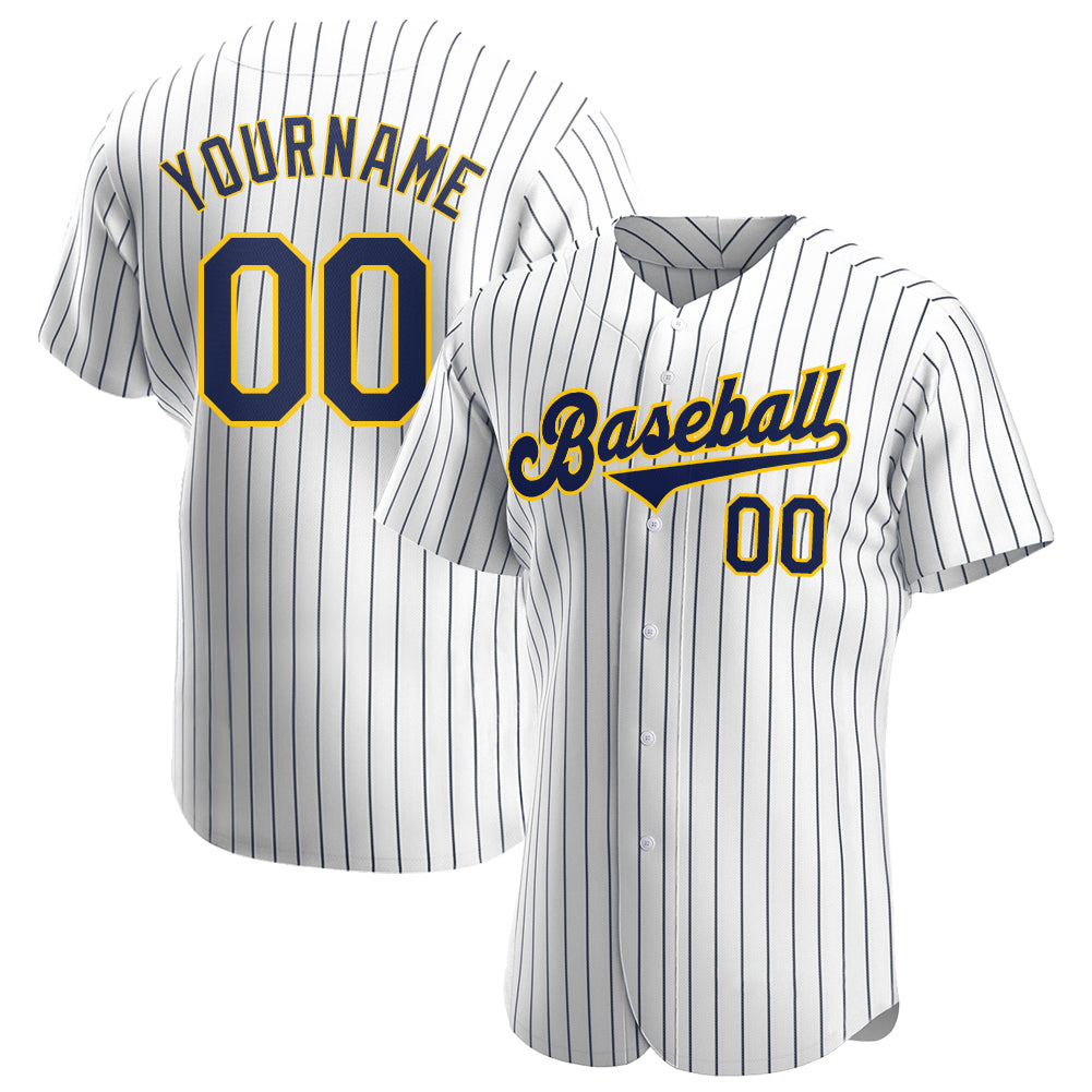 Custom White Navy Pinstripe Navy-Gold Authentic Baseball Jersey - Sky-Custom